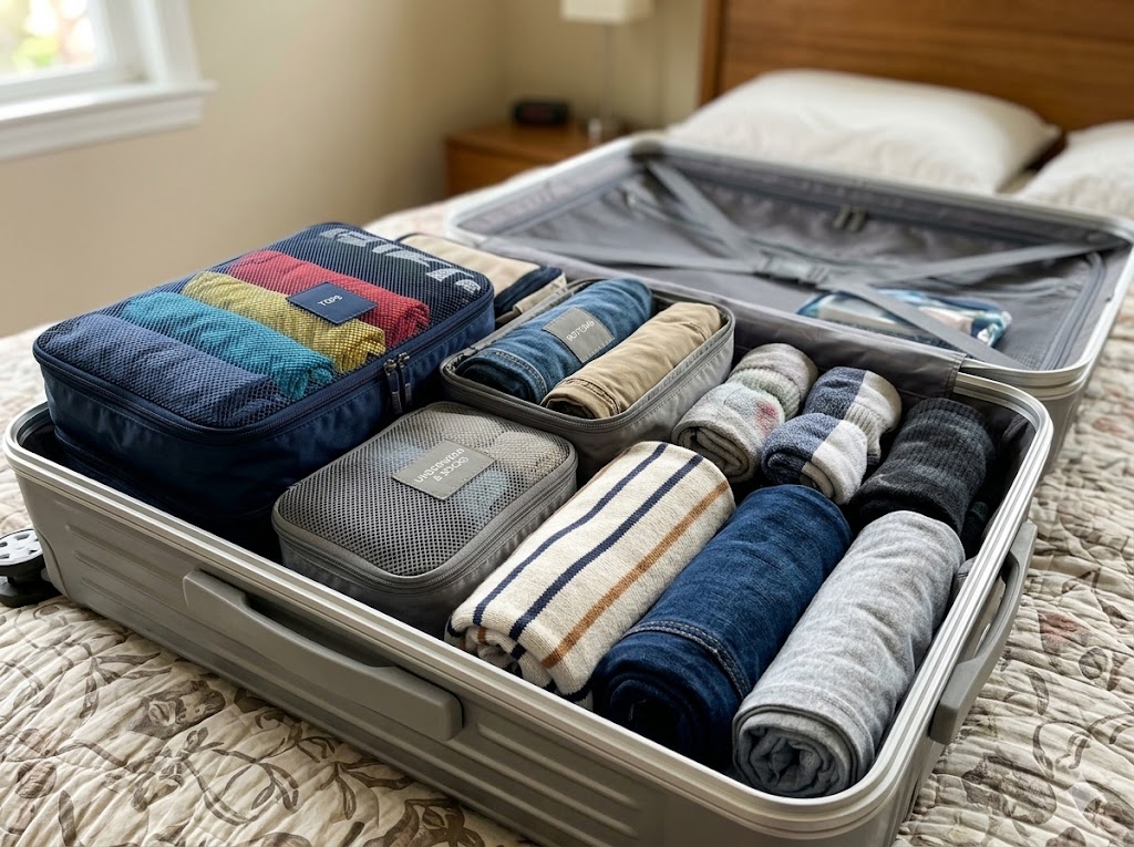 rolled clothes in suitcase