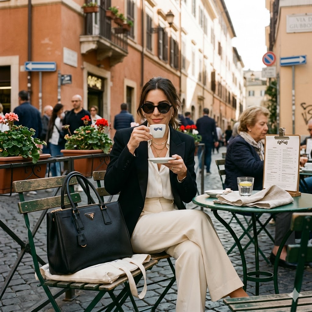 rome A fashionable woman in oversized sunglasses sitting at a chic outdoor café in Rome