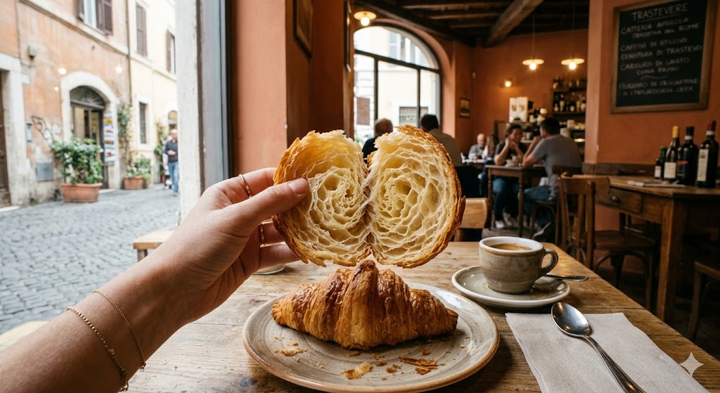 rome A hand pulling apart a buttery, flaky croissant to reveal perfectly airy layers, set in a chic Trastevere café.