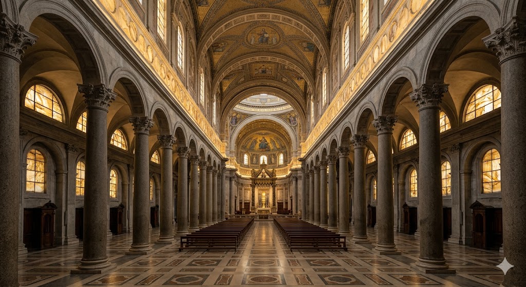 rome A long view looking down a stunning nave flanked by 80 massive granite columns, with soft, golden light filtering through alabaster windows.