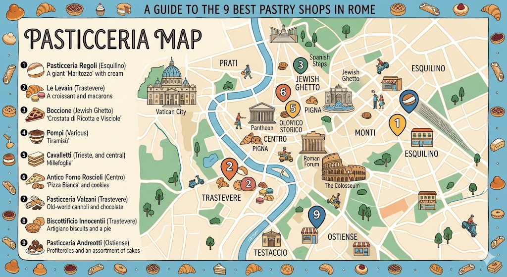 rome A stylized, illustrated map of Rome with icons marking the locations of the 9 best pastry shops.