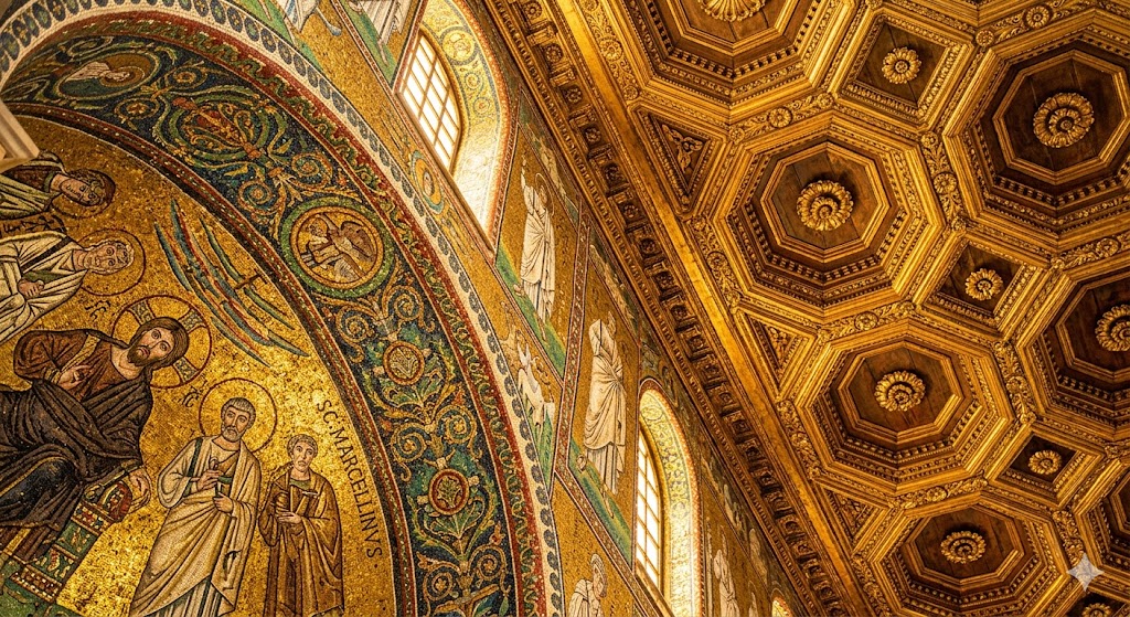rome A vibrant close-up of glittering 5th-century Byzantine mosaics and a magnificent gilded coffered ceiling reflecting warm light