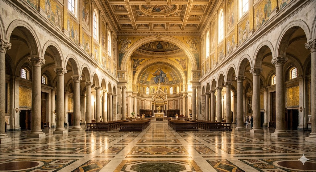 rome A wide, symmetrical shot looking down the nave of a magnificent Roman basilica, showcasing golden mosaics