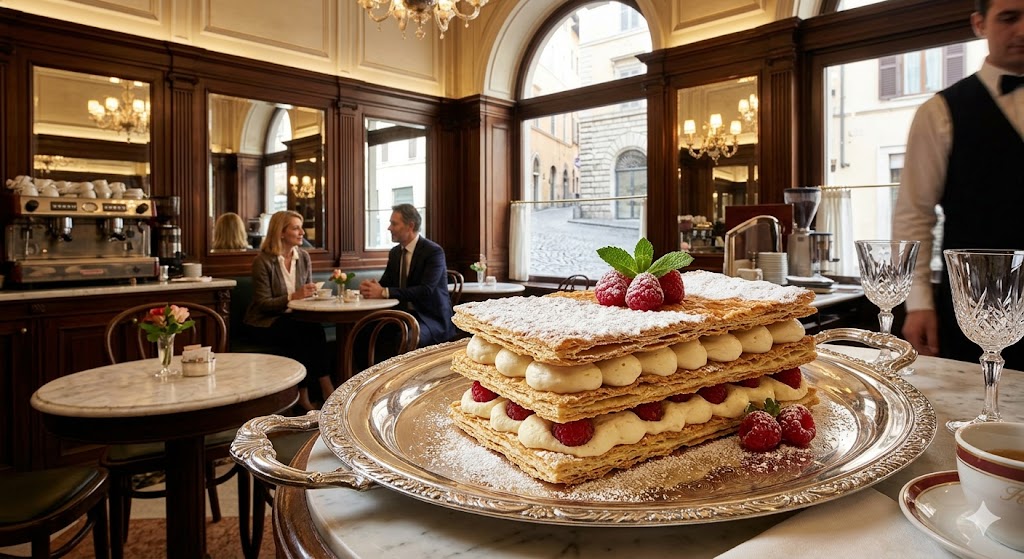 rome An elegant, multi-layered Millefoglie cake on a silver platter, served in a sophisticated, historic Italian café setting