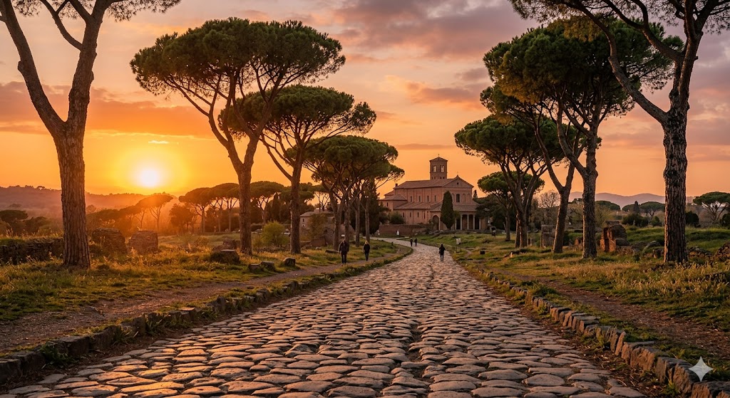 rome Ancient Roman cobblestones of the Appian Way at sunset, flanked by iconic umbrella pine trees with the historic Basilica of St. Sebastian in the background