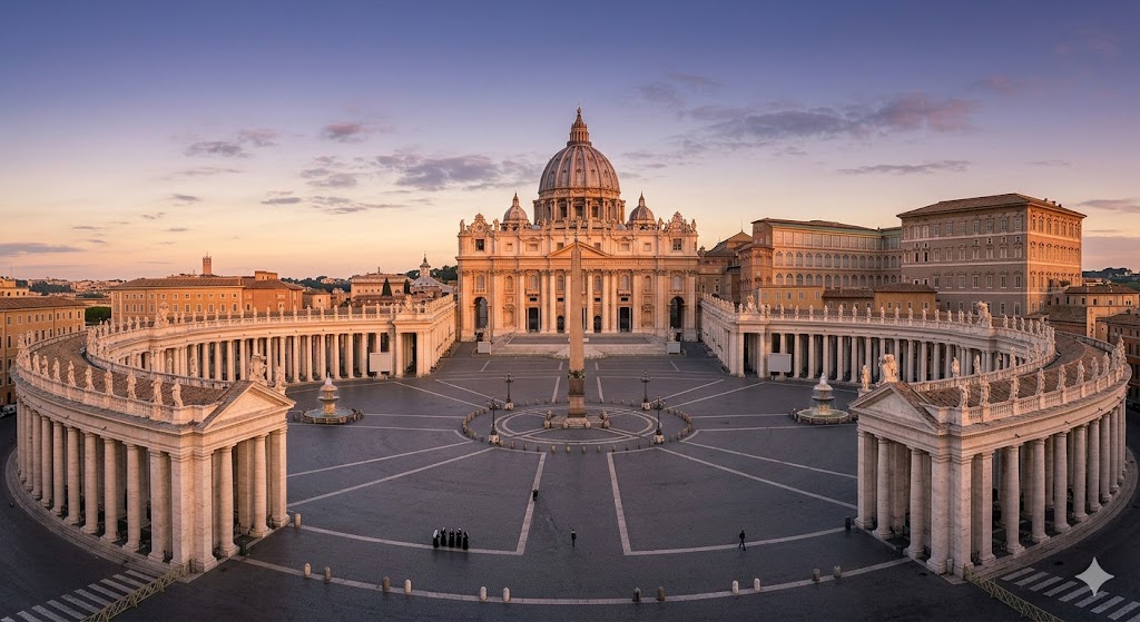 rome The massive curving colonnades of St. Peter’s Square at dawn, with the grand Basilica anchoring the frame.