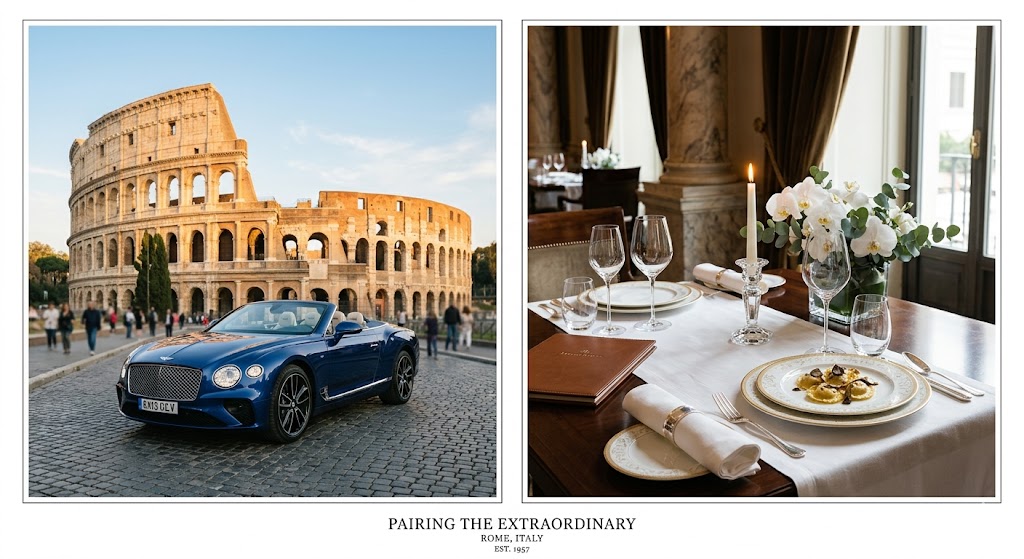 rome a luxury car in front of monument and high end table