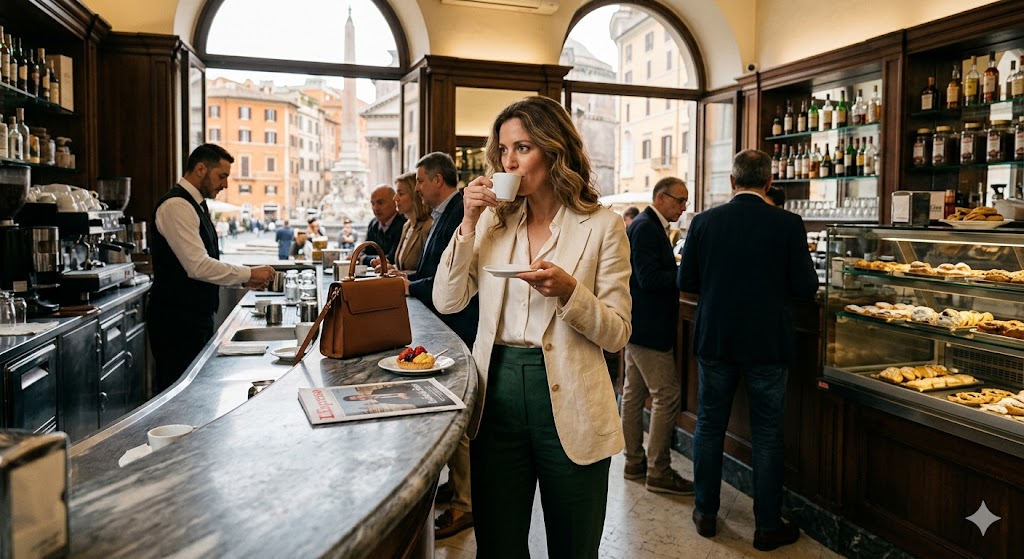 rome a sophisticated traveler standing at a marble Roman bar