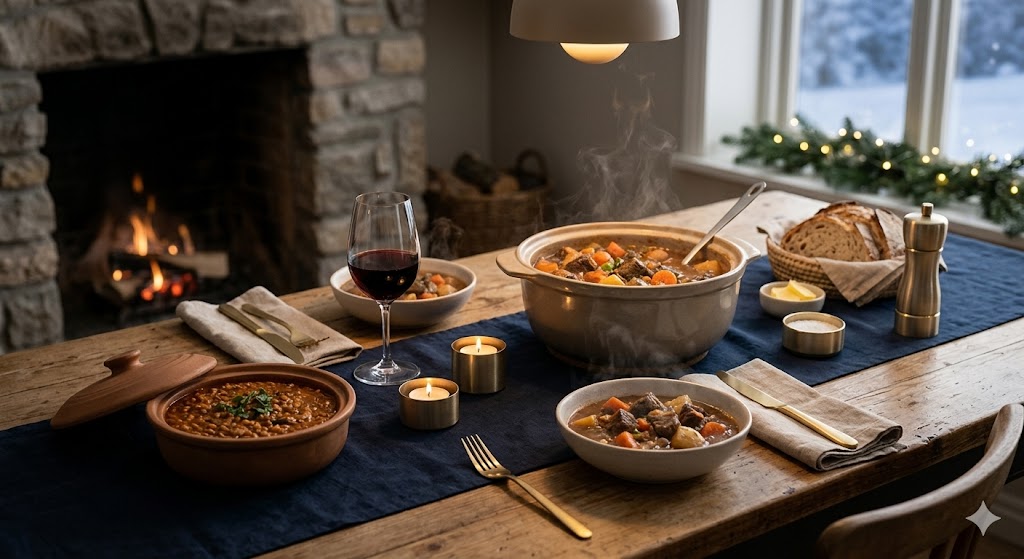 rustic dining table featuring rich winter stews and a glass of red wine, accented with subtle champagne gold dining accessories and a dark navy tablecloth