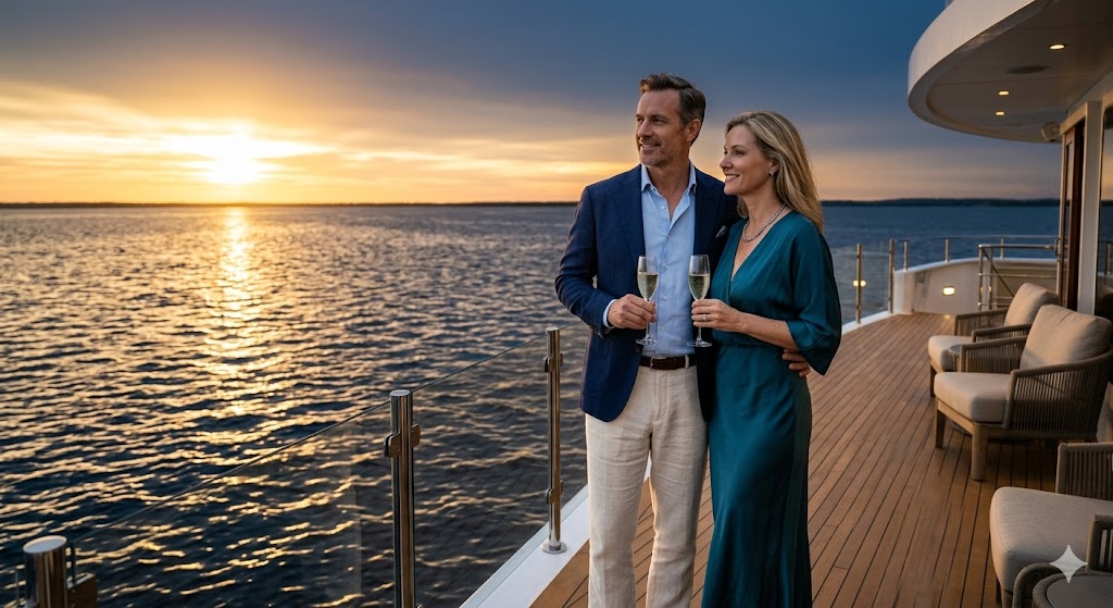 sophisticated couple enjoying a quiet, champagne gold sunset from the deck of a boutique ship over midnight navy waters.