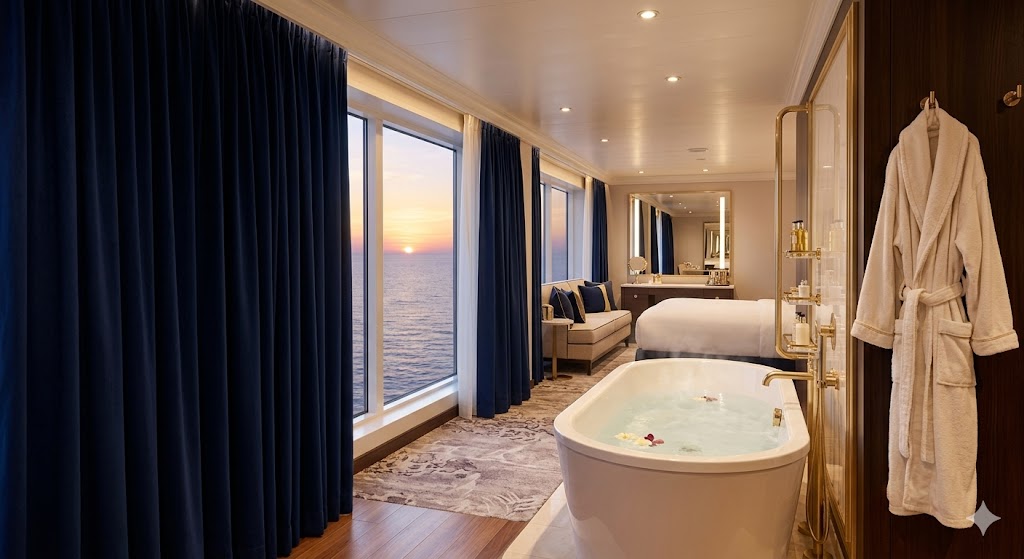 spacious, luxurious cruise suite featuring a plush robe and a warm bath