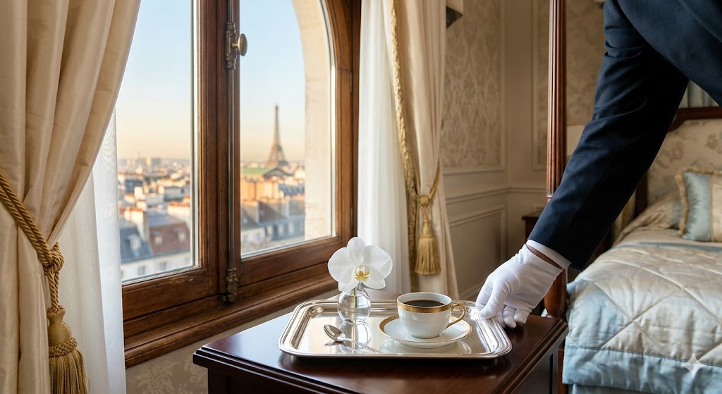 train A crisp, white-gloved hand placing a silver tray with a morning coffee and a single orchid by a Grand Suite window