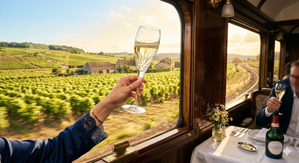 train A crystal champagne flute raised in a toast, set against a moving, sun-drenched vineyard landscape viewed from a train dining car.