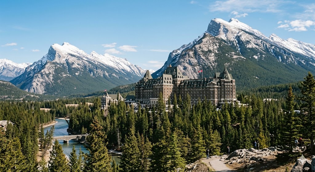 train A majestic, castlelike facade of The Fairmont Banff Springs hotel, perfectly framed by the Canadian Rockies.