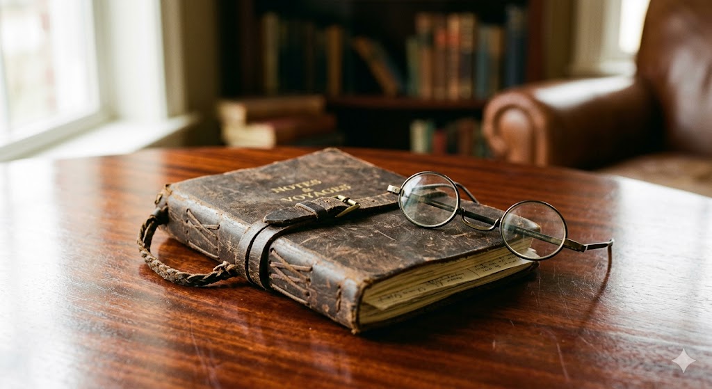 train A soft-focus close-up of a well-traveled leather journal and antique reading spectacles resting on a polished mahogany table.