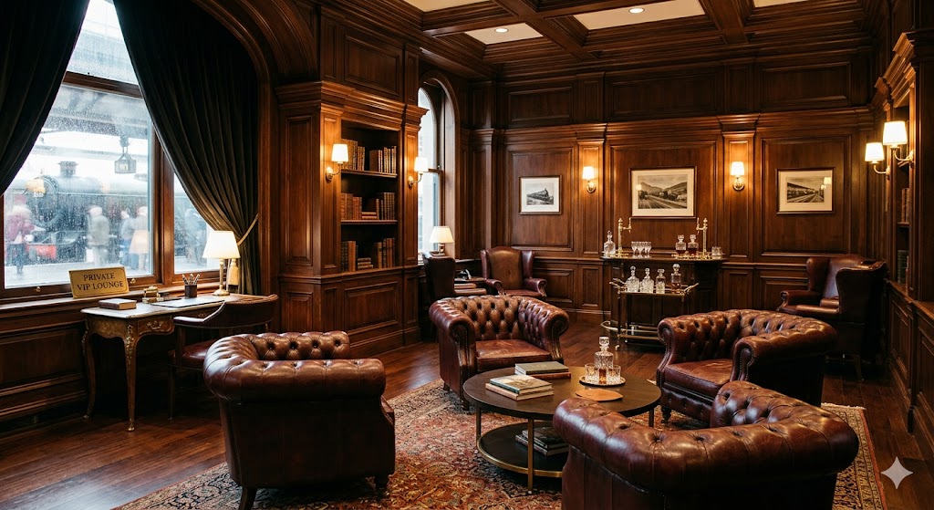 train A sophisticated, quiet interior of a private VIP station lounge, featuring leather armchairs and polished wood paneling.