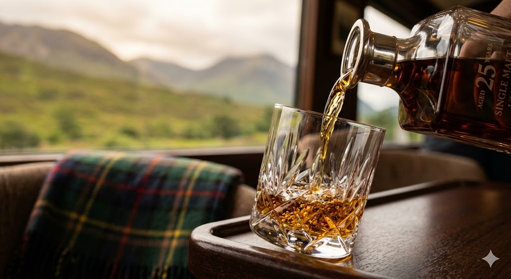 train close-up of a 25-year-old single malt whiskey pour into crystal, capturing a reflection of a tartan pattern in a luxury observation car.