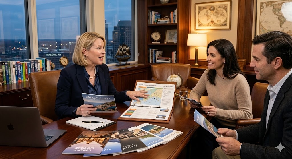 travel agent speaking to couples