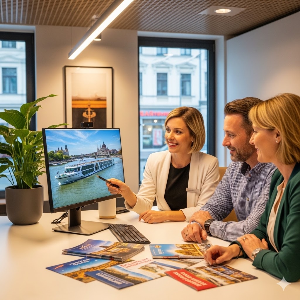 travel agent with couple selling river cruise