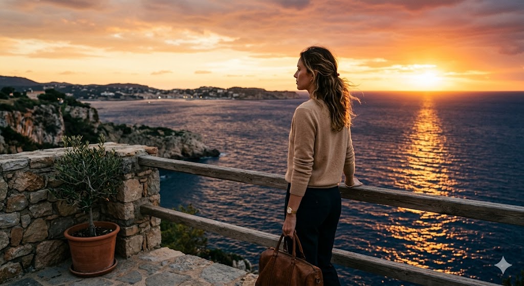traveler in a light cashmere sweater looking out over midnight navy waters under a brilliant champagne gold sunset.
