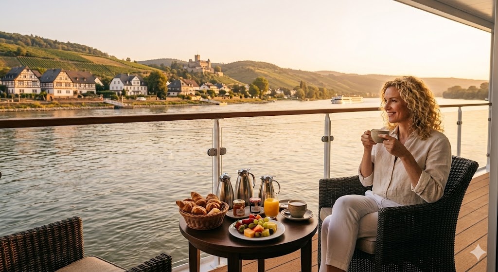 woman eating breakfast on balcony of river cruise