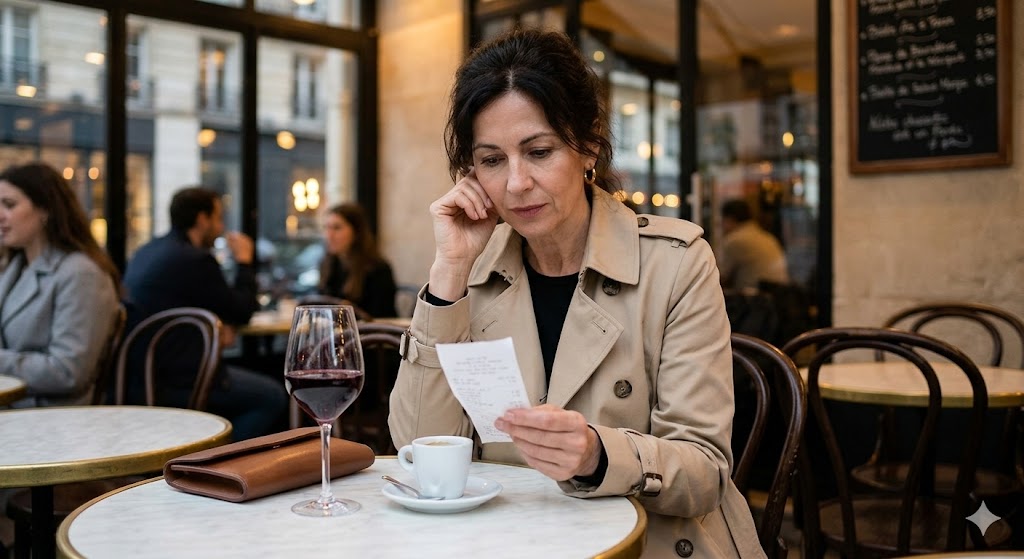 women at a cafe in paris looking at bill
