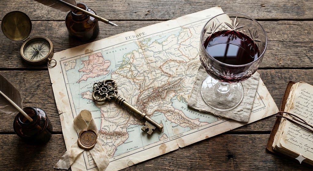 Europe map and glass of wine