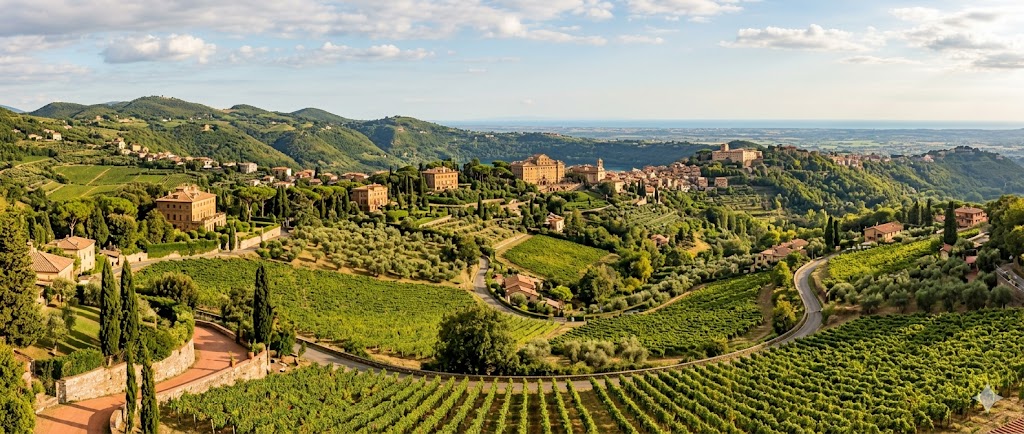 Rome A scenic panorama of the Alban Hills, dotted with historic villas and rows of grapevines, with a glimpse of the Tyrrhenian Sea on the far horizon.