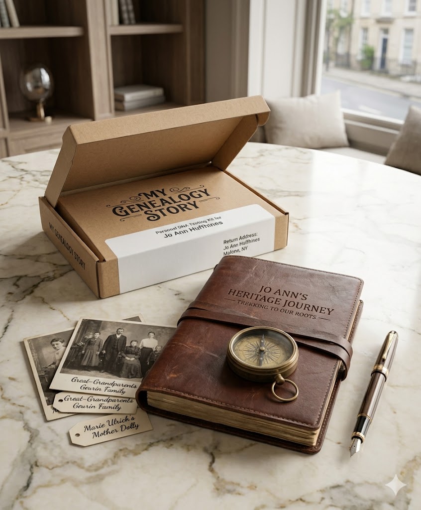 ancesry travel DNA kit box sitting on an elegant marble table next to a leather-bound travel journa