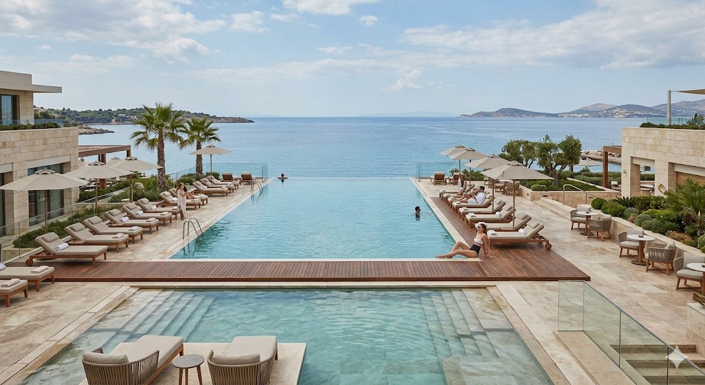 athens A high-end infinity pool at a resort like the Four Seasons Astir Palace overlooking the Saronic Gulf.