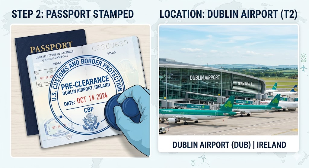 dubline airport clear graphic showing a passport being stamped U.S. PRE-CLEARANCE next to a photo of Dublin Airport.