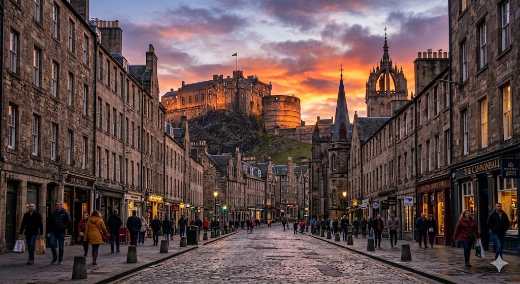 edinbourgh dramatic view looking down the Royal Mile towards Edinburgh Castle at sunset or sunrise.