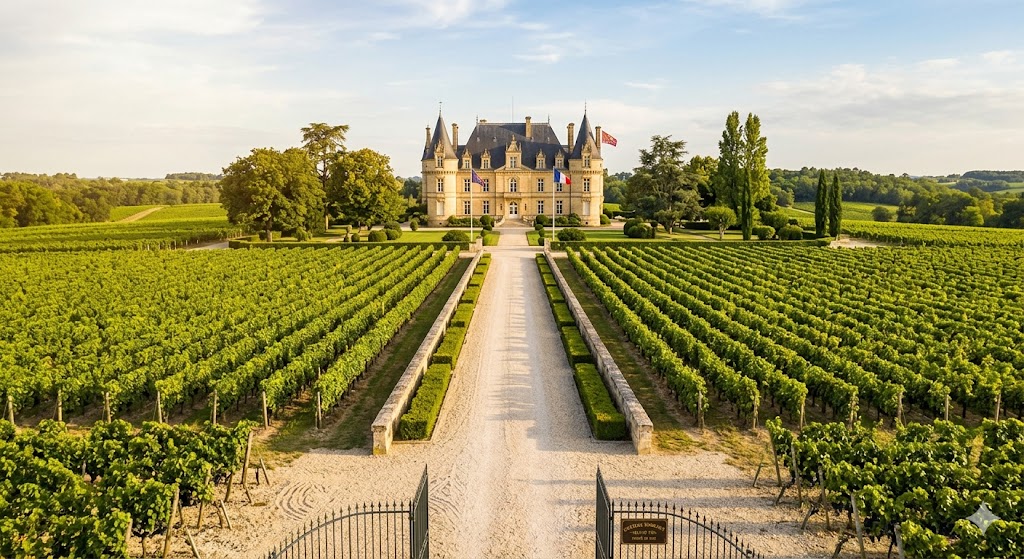 france bordeaux majestic, sun-drenched French Chateau at the end of a long gravel driveway lined with ancient, perfectly manicured vines.