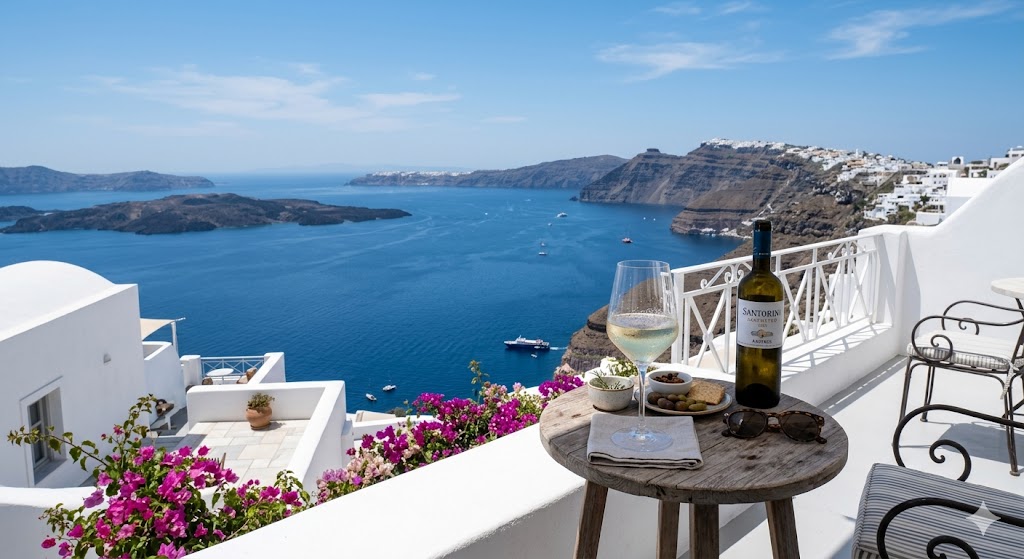 greece santorini A crystal glass of white wine on a pristine white-washed balcony looking out over the deep blue Aegean Sea and the submerged volcanic caldera.