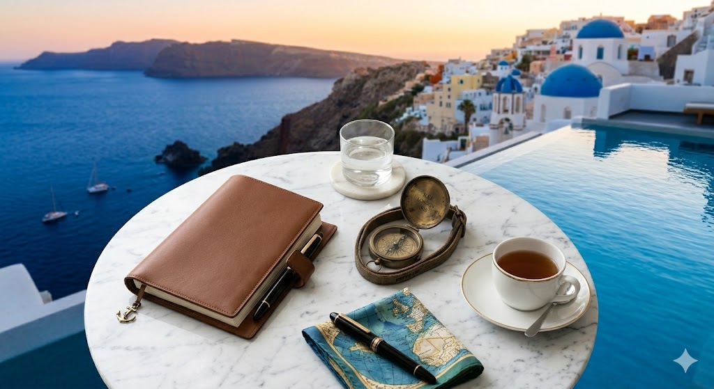 greece santorini infinity pool overlooking the caldera and blue-domed churches of Santorini at sunset.