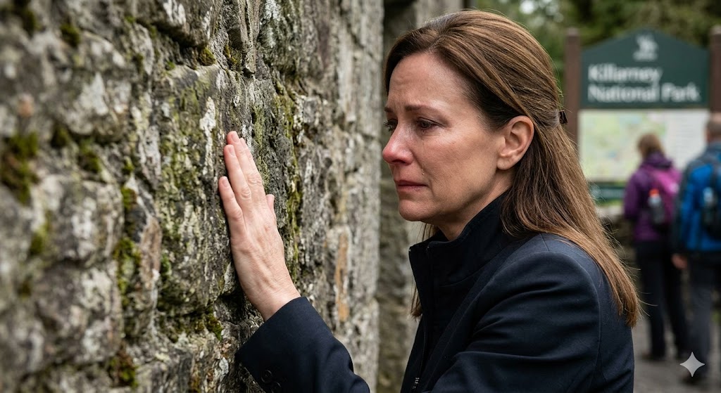 ireland traveler touching an old stone wall or a weathered wooden door with a look of profound emotion.