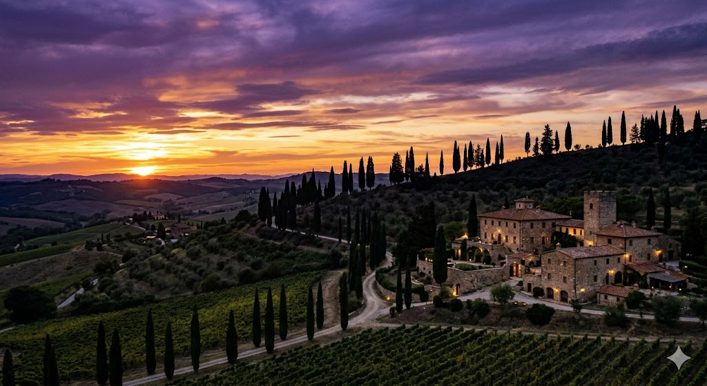 italy tuscany Rolling Tuscan hills with iconic cypress trees silhouetted against a deep violet and gold sunset, overlooking a historic stone wine estate.