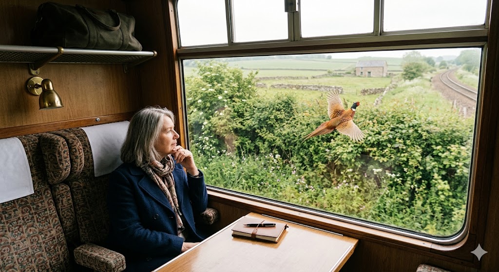northern belle passenger looking thoughtfully out the window at a pheasant taking flight from a hedgerow, with no digital devices in sight.
