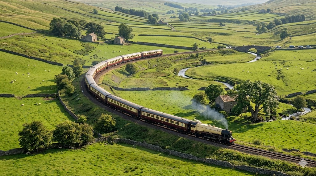 northern belle train cinematic wide shot of the shimmering cream-and-burgundy Northern Belle train winding through the emerald-green dales of Yorkshire.