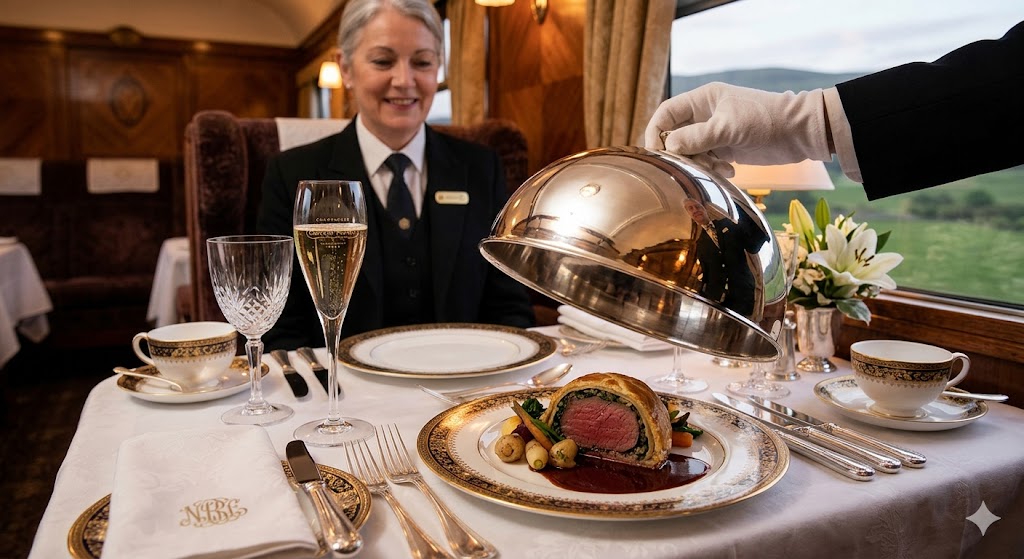 northern belle train close-up of a perfectly set table featuring fine bone china, crystal flutes, and a silver cloche being lifted to reveal a gourmet British dish.