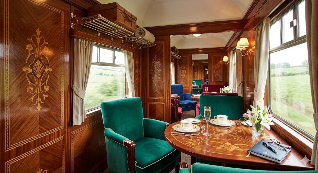 northern belle train interior shot of the Glamis carriage showing the intricate wood inlays, brass luggage racks, and plush jewel-toned velvet seating.