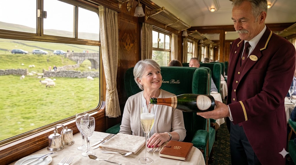 northern belle train liveried steward pouring a glass of perfectly chilled Laurent-Perrier Champagne for a passenger as they settle into their velvet seat.
