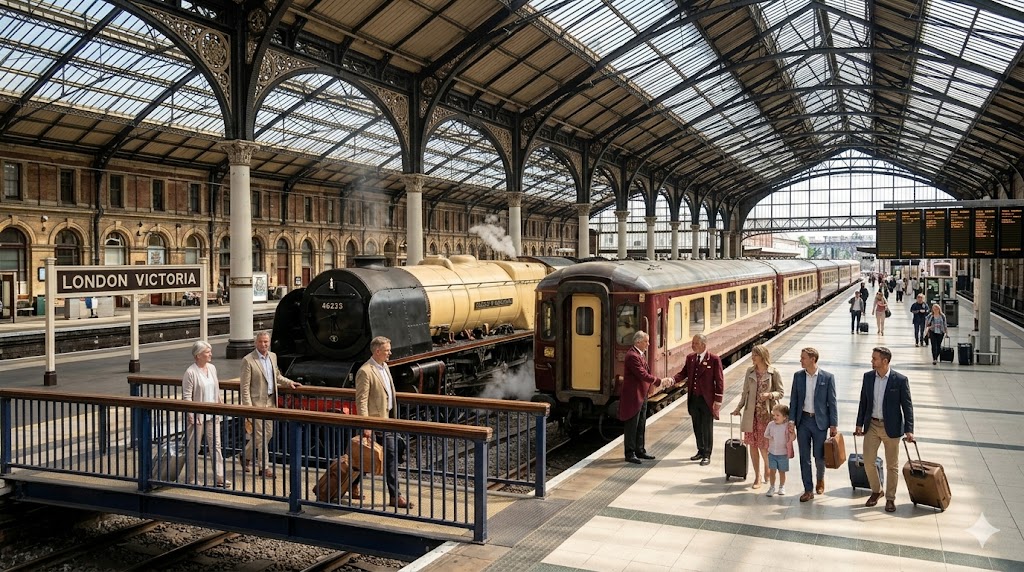 northern belle train pulling into a grand, historic station like London Victoria or Edinburgh, with passengers ready to explore.