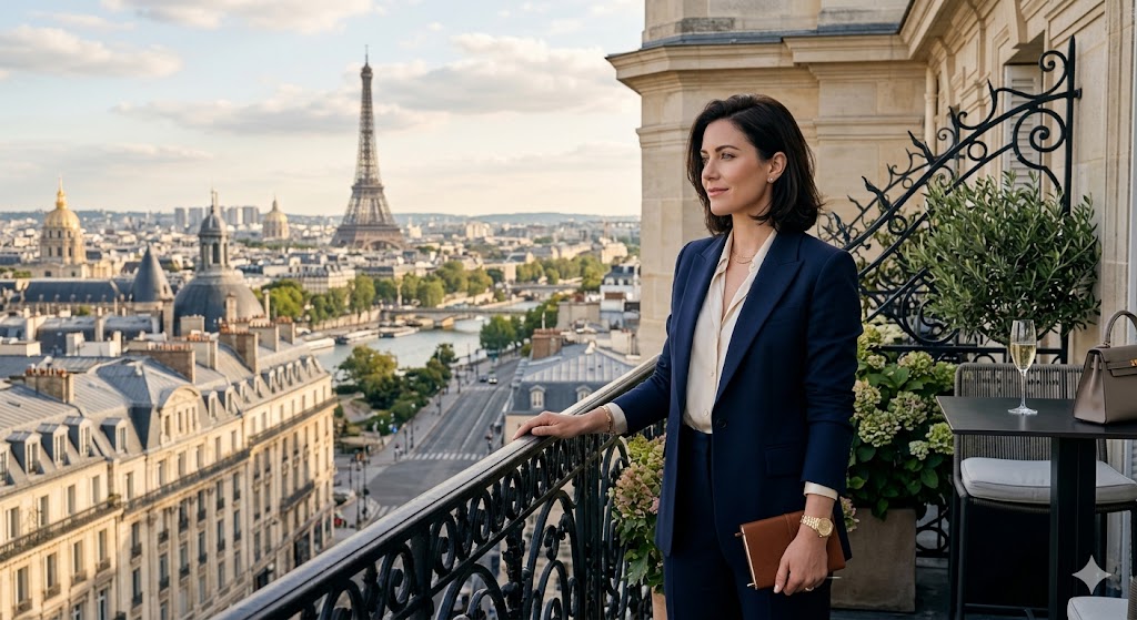 paris A chic, professional woman (advisor archetype) overlooking Paris from a luxury balcony, confident and composed