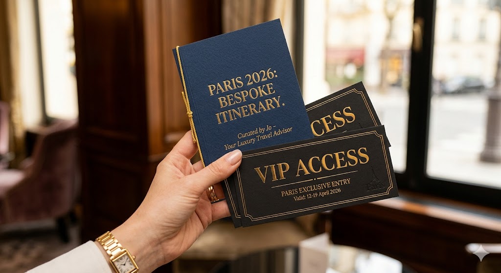 paris A closeup of a hand holding a set of VIP Access tickets or a goldembossed itinerary.