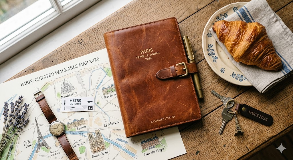 paris A flat-lay of a high-end leather travel planner, a fresh croissant, a set of keys, and a curated map of Paris.