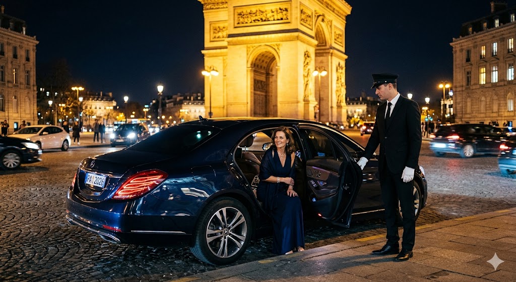 paris A sleek, midnight-navy luxury sedan parked in front of a brilliantly lit Parisian monument, with a professional chauffeur holding the door open.