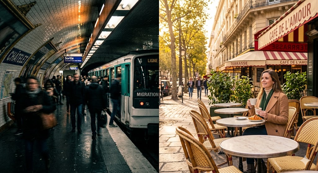 paris A split image A dark blurry Metro station on one side and a sun drenched Parisian café terrace on the other