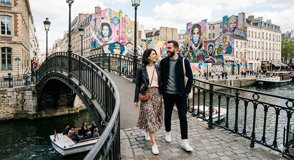 paris A stylish couple walking across an arched iron bridge over the canal with vibrant street art in the distance.