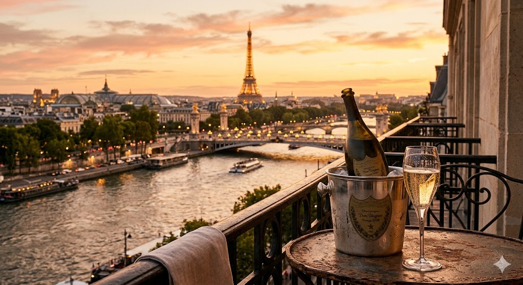 paris A sweeping, golden-hour shot of the Seine with the Eiffel Tower in the distance and a bottle of vintage champagne in the foreground
